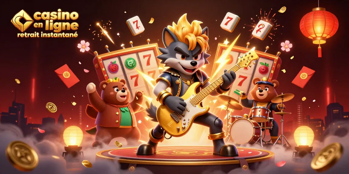 Casino en ligne retrait instantané : scène dynamique avec un loup rock star et un ours batteur sur scène avec des éléments de jeu colorés.