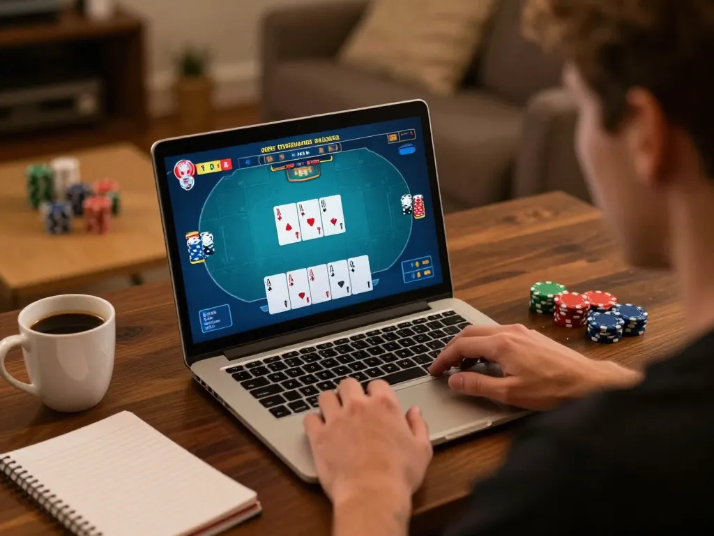 nhà cái 388bet poker game interface displayed on laptop during a cozy home gaming session