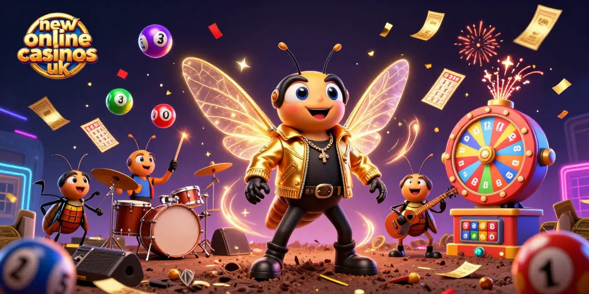 Engaging scene of new online casinos uk, featuring a rock star and colorful lottery elements for dynamic gameplay.