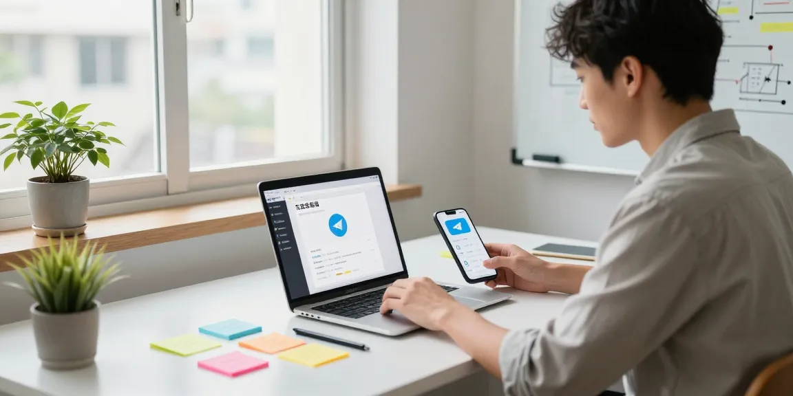 Engaging workspace featuring telegram中文 interface on a laptop, showcasing modern communication tools.