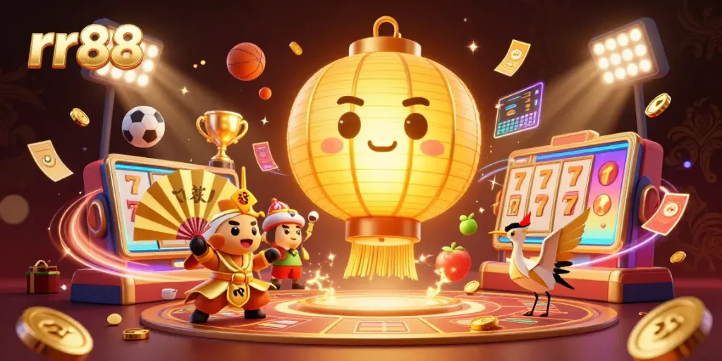 Experience thrilling gameplay with rr88 in this immersive online casino scene, featuring golden lucky symbols and vibrant elements.