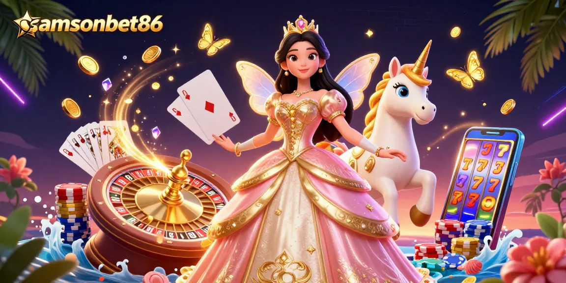 Spin the reels with samsonbet86 features a glamorous Asian princess and golden unicorn in an exciting casino scene.