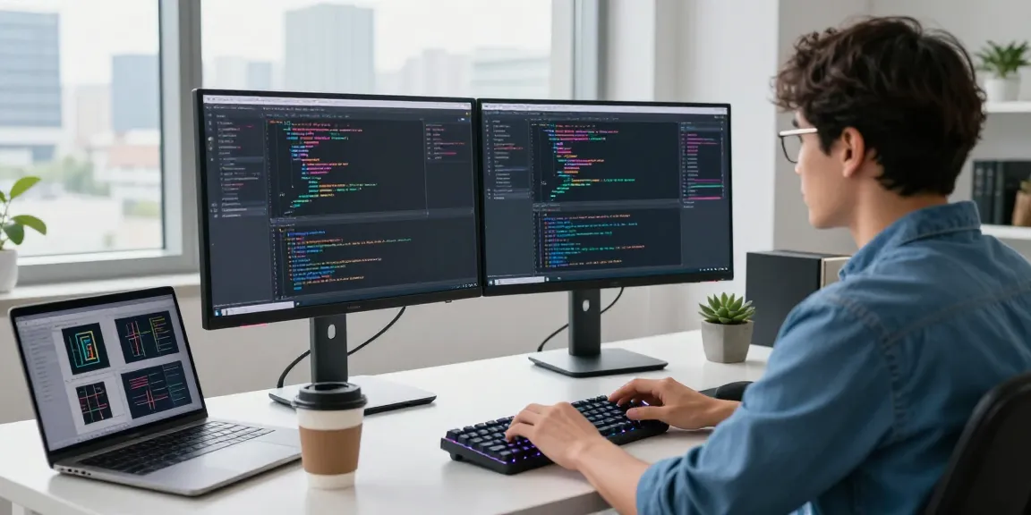 Developer coding 纸飞机中文版 app on dual monitors in a modern workspace
