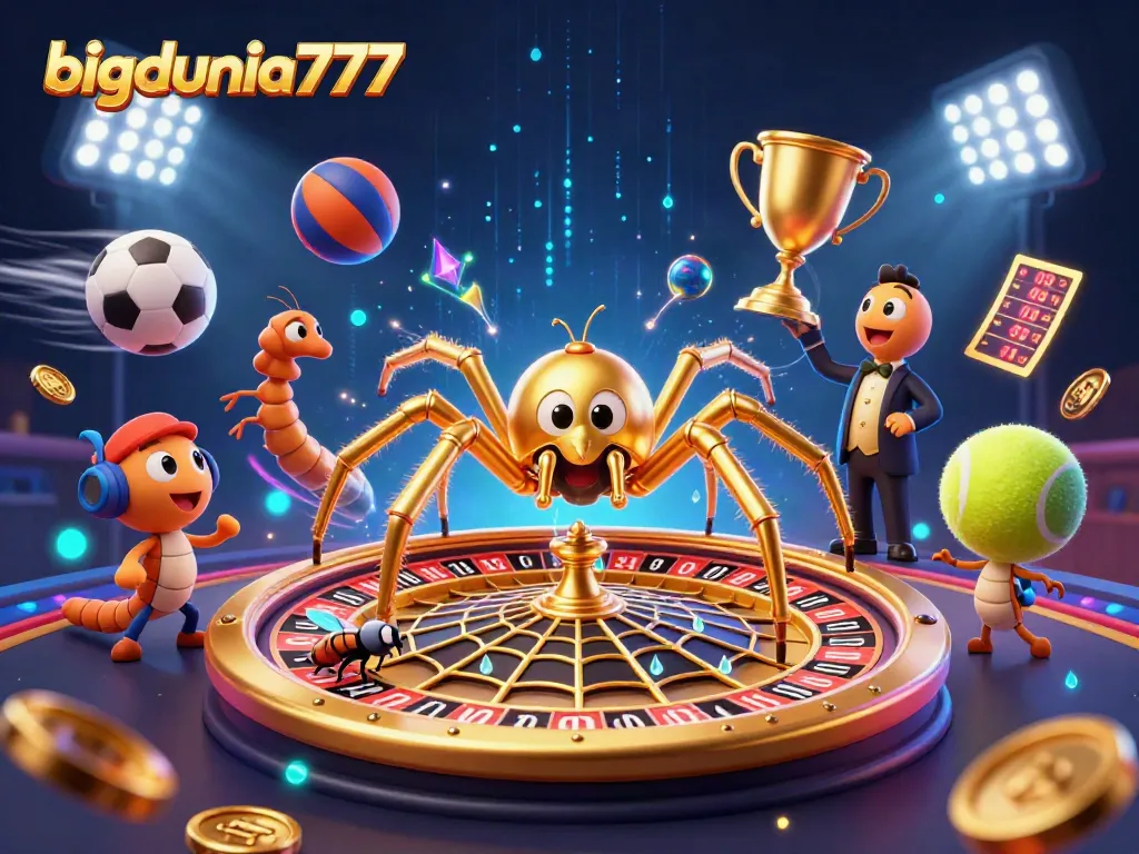 Engage with bigdunia777 as cartoon characters spin a golden web of roulette bets amidst dynamic sports action.