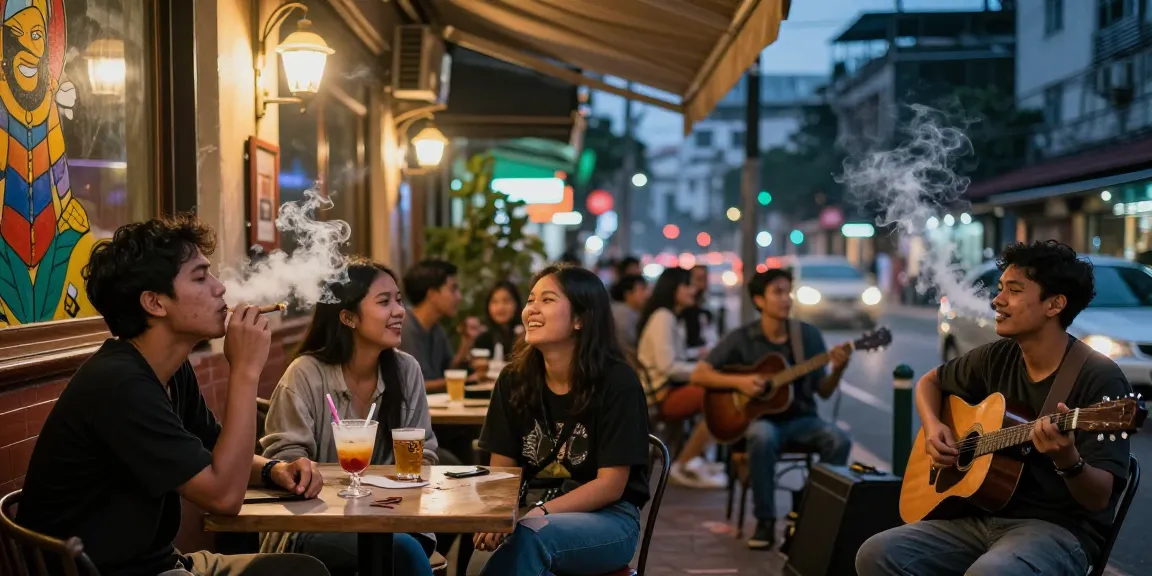 People enjoying a vibrant café atmosphere with rokok 88, socializing in urban nightlife.