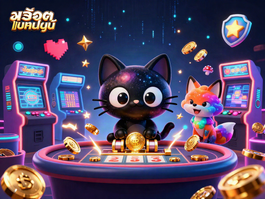 Spin and win with สล็อตออนไลน์ at a cosmic casino featuring a black hole cat and colorful game elements.