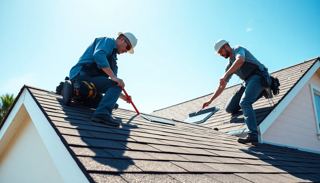 Expert roof repair work in progress with detailed view on a sunny day.