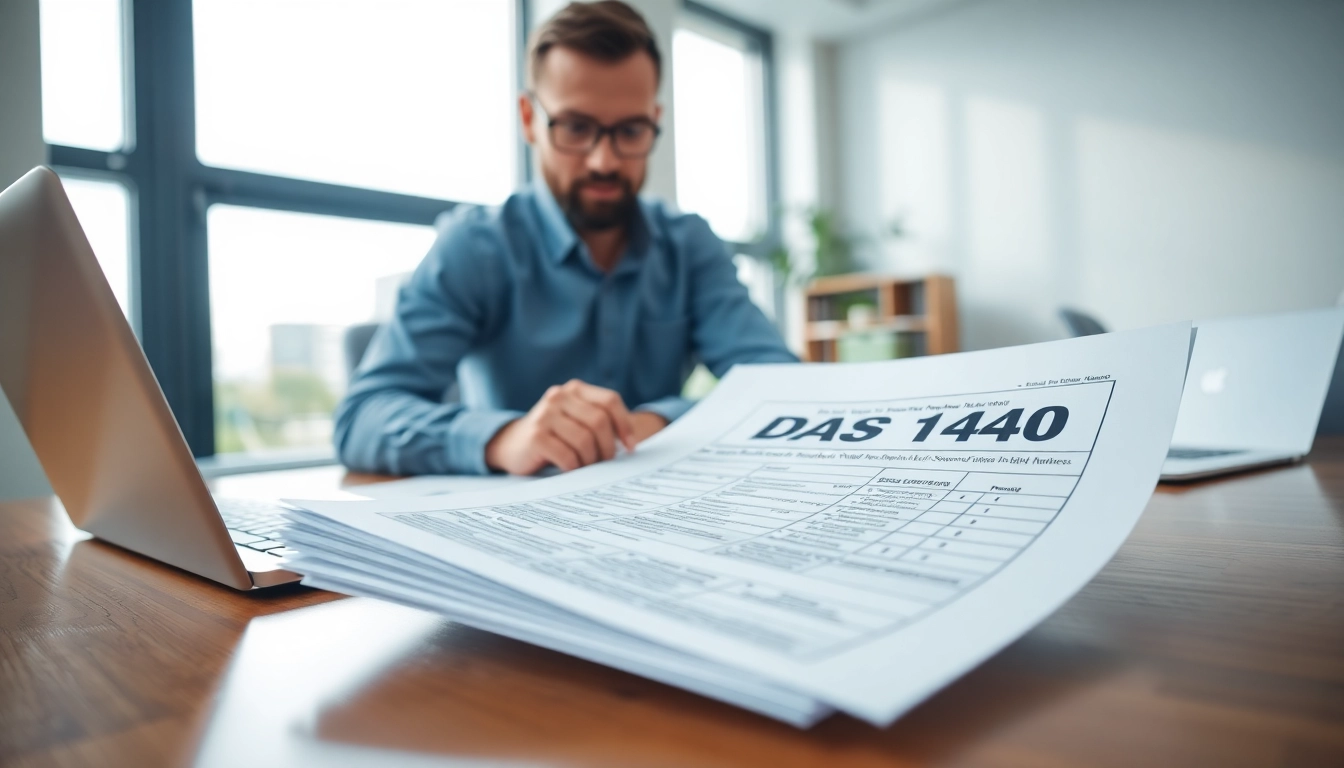 Understanding the DAS 140 form with a detailed view of a contractor's workspace.