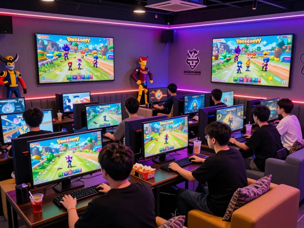 Gaming lounge scene with players enjoying Degrees of Lewdity, showcasing character animations and interactive setups.