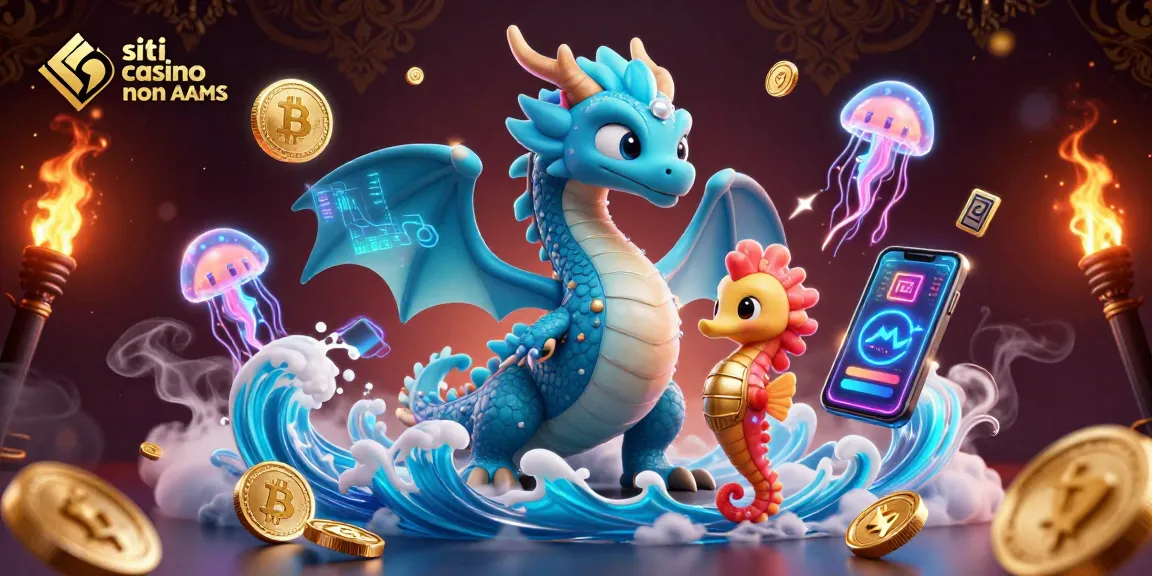 Interagisci con i siti casino non AAMS attraverso questa vivace illustrazione 3D di fantasia acquatica ed elementi crypto.