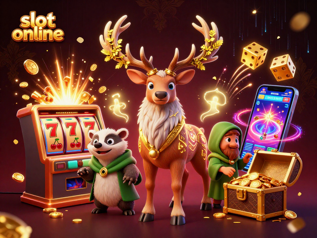Spin the slot online jackpot with Celtic druid and wise badger amidst dazzling casino elements.