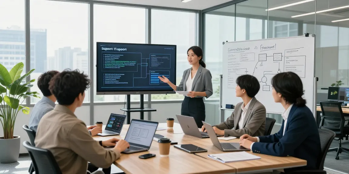 IT support businesses meeting with experts collaborating on technology solutions in a modern office.