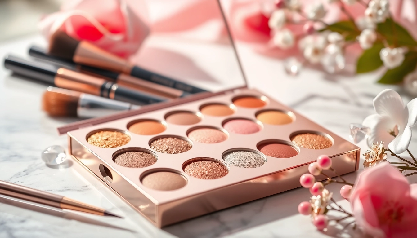 Apply champagne eyeshadow from a chic palette showcasing shimmering shades for elegant looks.