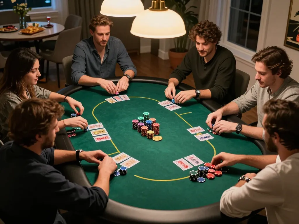 Players at a private poker night with vibrant chips in hand at a situs slot gacor casino game.