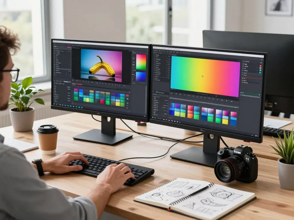 Designer using nano banana 2 AI image editor in a modern tech workspace with colorful displays.