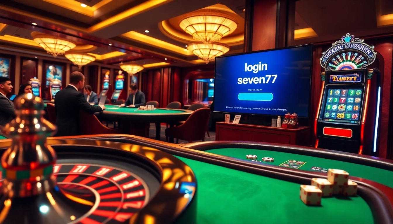 Experience the thrill of login seven77 amidst luxury gaming tables and vibrant casino action.