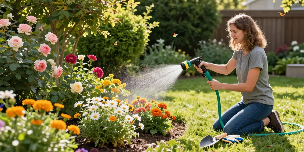 Bright garden scene with best hose nozzle watering colorful flower beds for efficient gardening.