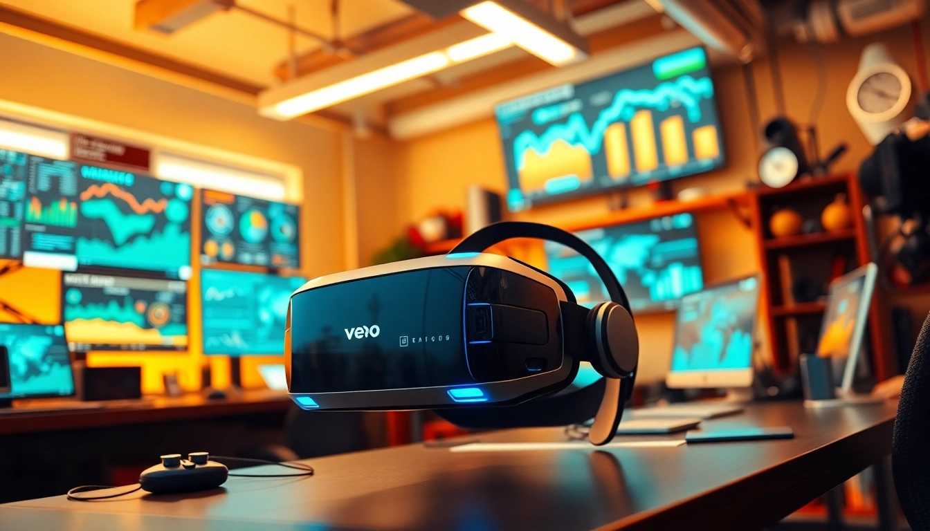 Engaged users exploring veo technology in a modern tech workspace filled with creative gadgets.