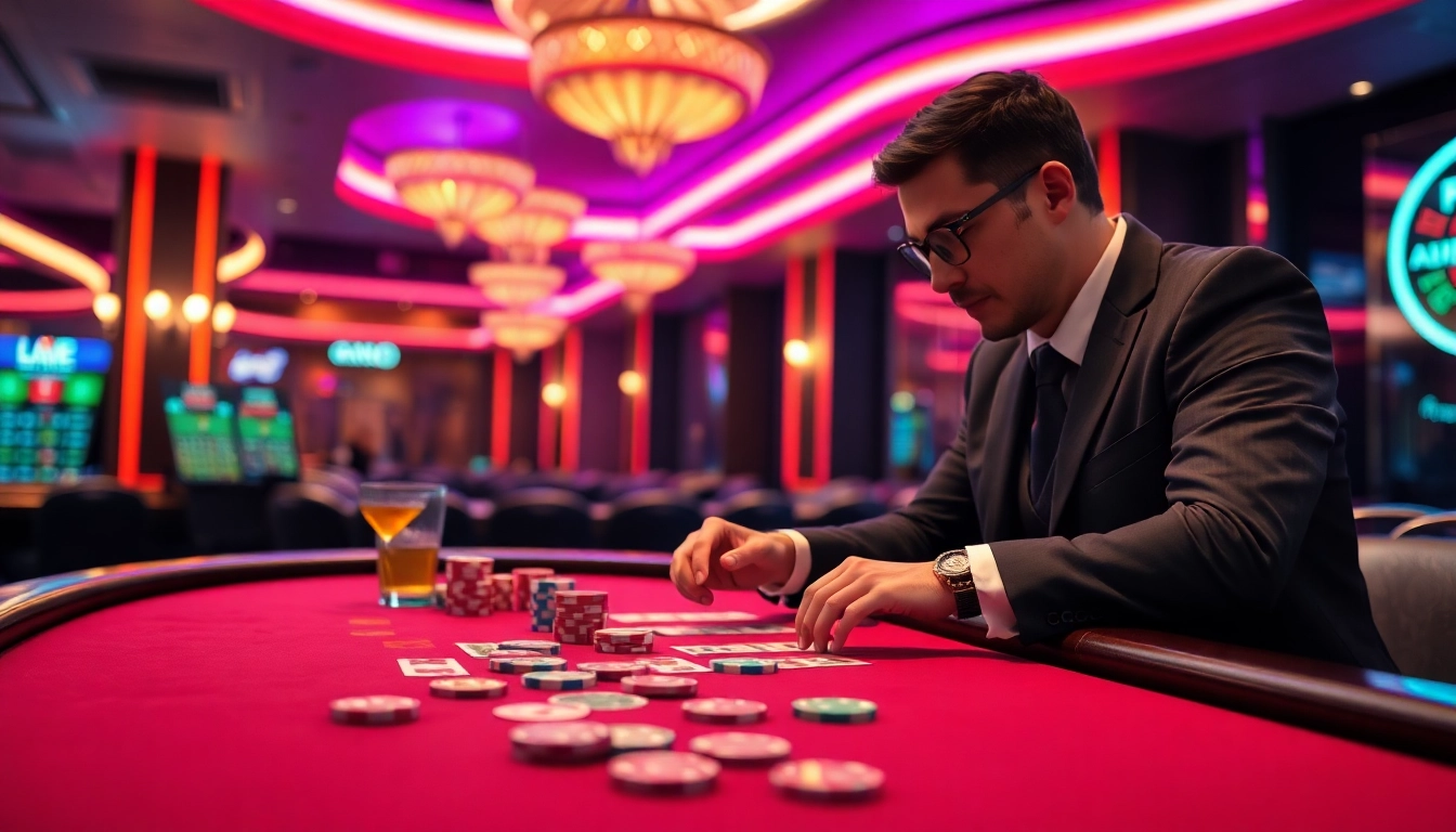 Experience the thrill of winning at a Non Uk Casino with a professional gambler at a vibrant table.