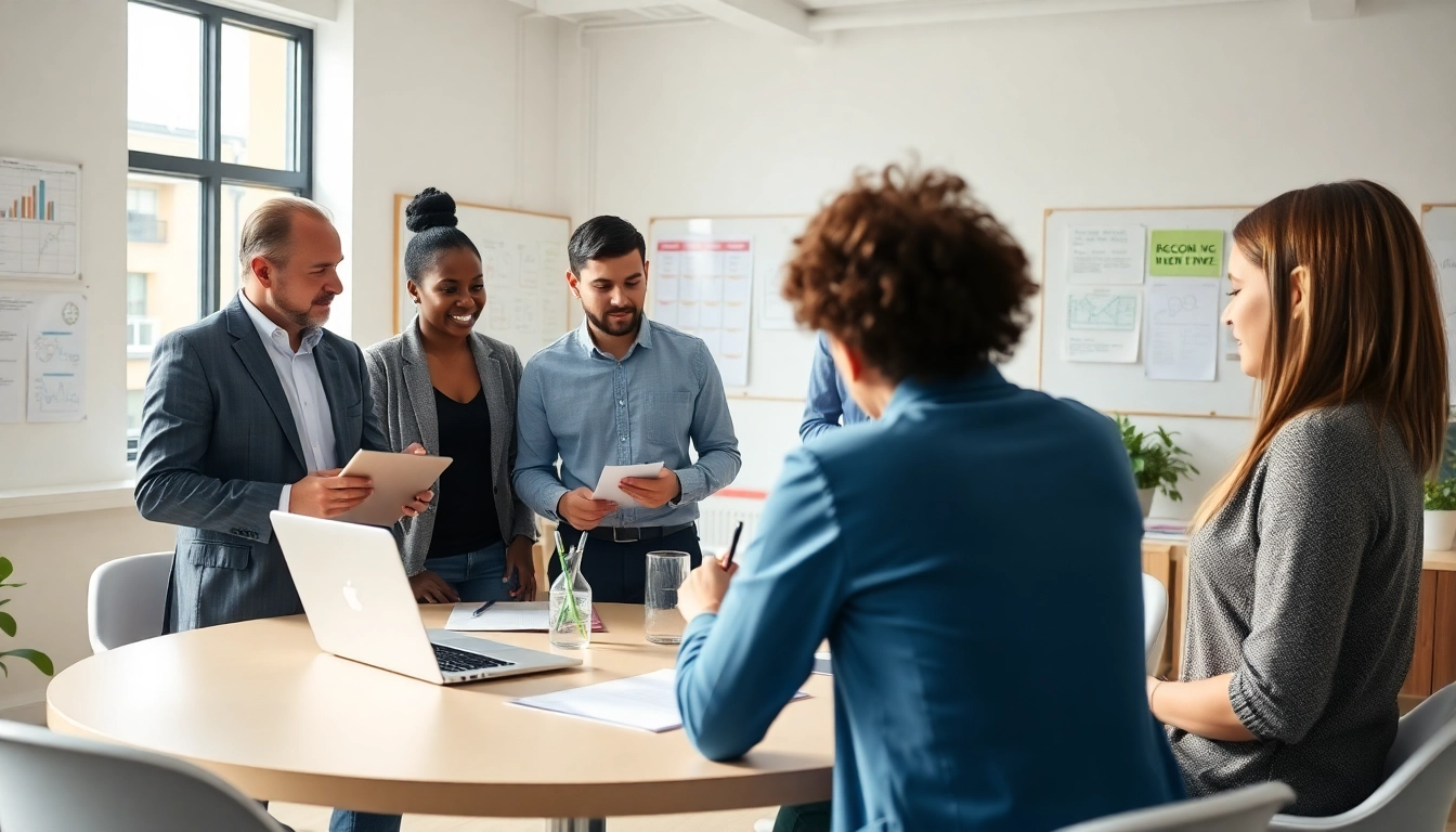 Engaged professionals discussing small business jobs in a bright office setting.