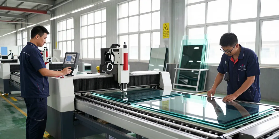 CNC cutting machine glass technology in an industrial setting featuring technicians operating advanced glass processing equipment.