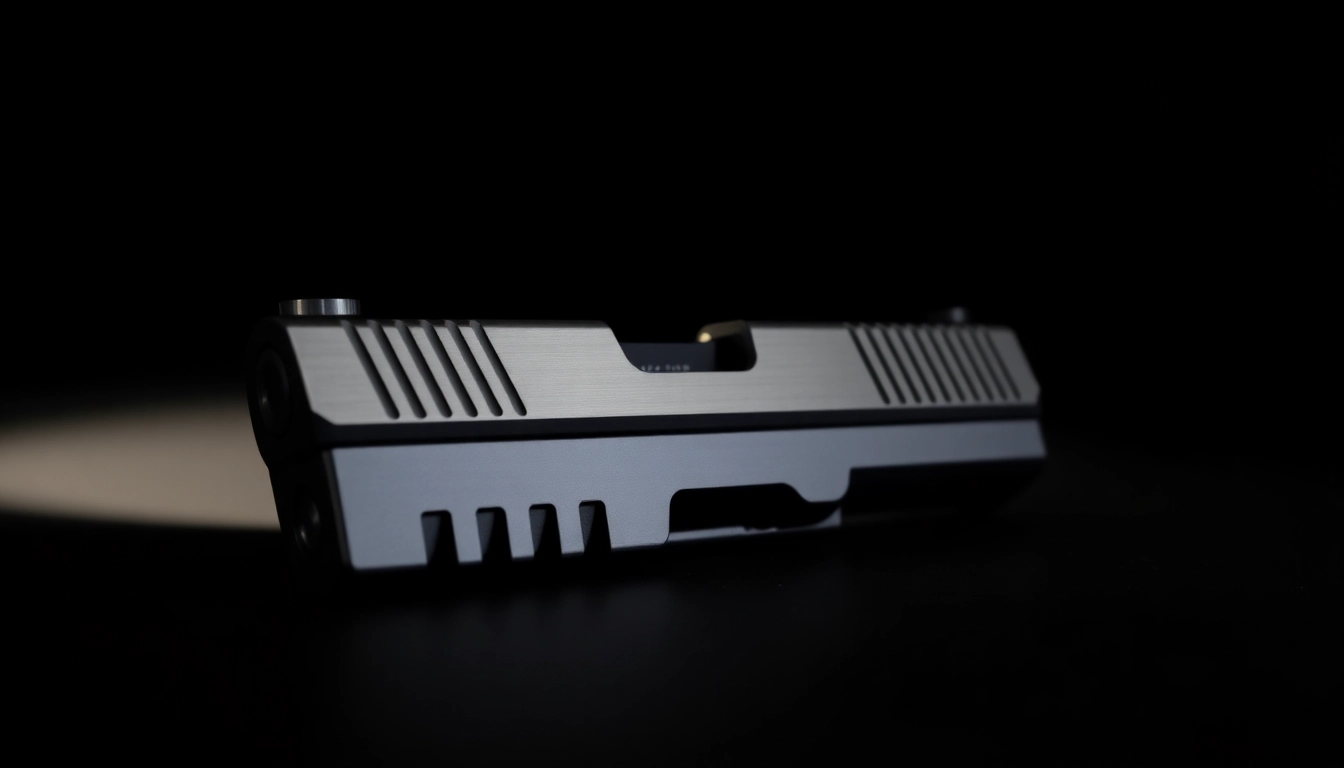 Showcase of a glock 19 slide, highlighting precision engineering features and metallic finish.