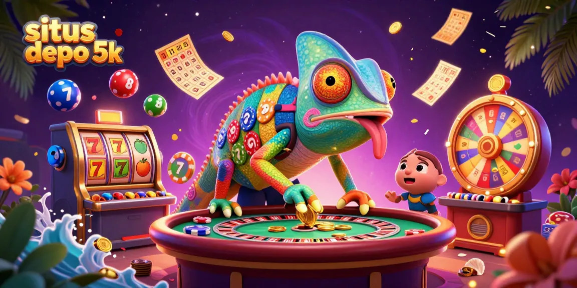 Slot depo 5k menampilkan karakter kasino dengan simbol buah dan tiket emas untuk pengalaman bermain yang menguntungkan.