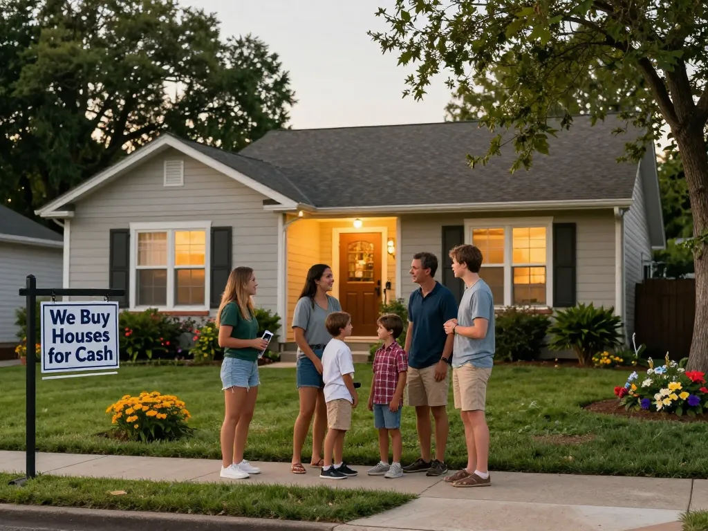 We buy houses for cash sign in a welcoming suburban home, family discussing sale, warm evening light.
