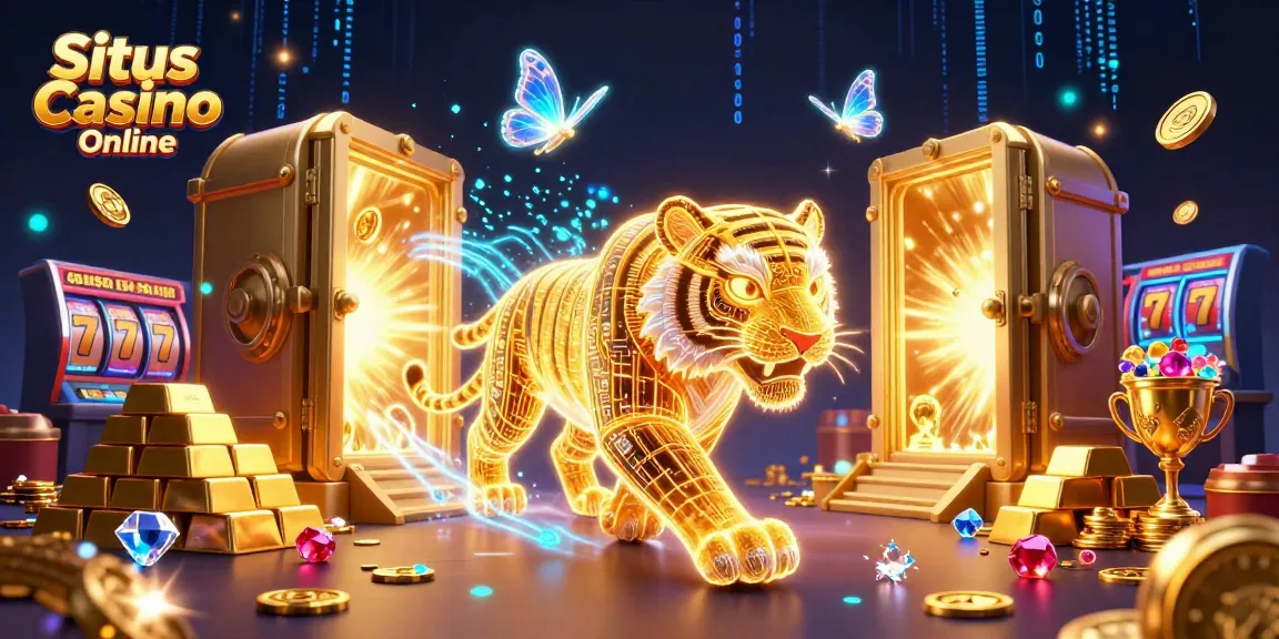 Situs Casino Online features a neon-wireframe tiger in a vibrant digital casino with glowing treasures.