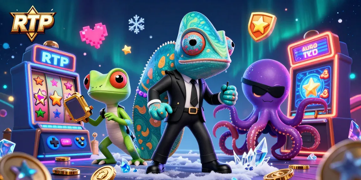 Engage in RTP gaming strategies with colorful characters and dynamic slot machine elements in a vibrant casino setting.