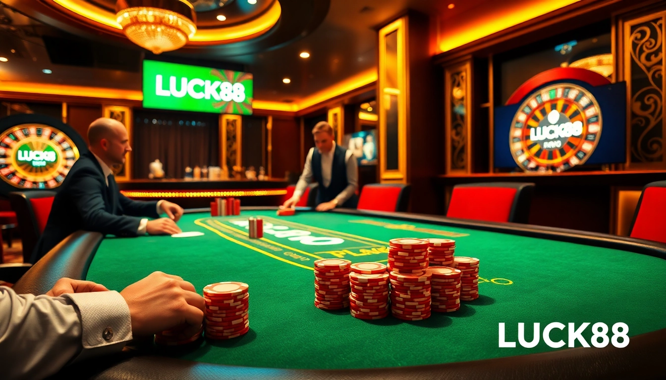 LUCK8 poker players at a luxurious casino table with vibrant chips and cards.