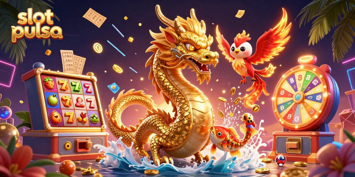 Menangkan permainan menggunakan slot pulsa dengan karakter naga emas, phoenix, dan ikan koi berlimpah koin.