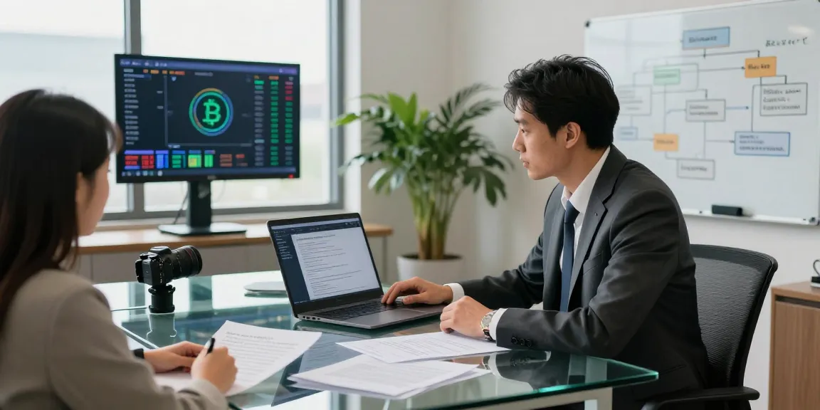 Consultant assisting clients to recover stolen cryptocurrency in a professional office.