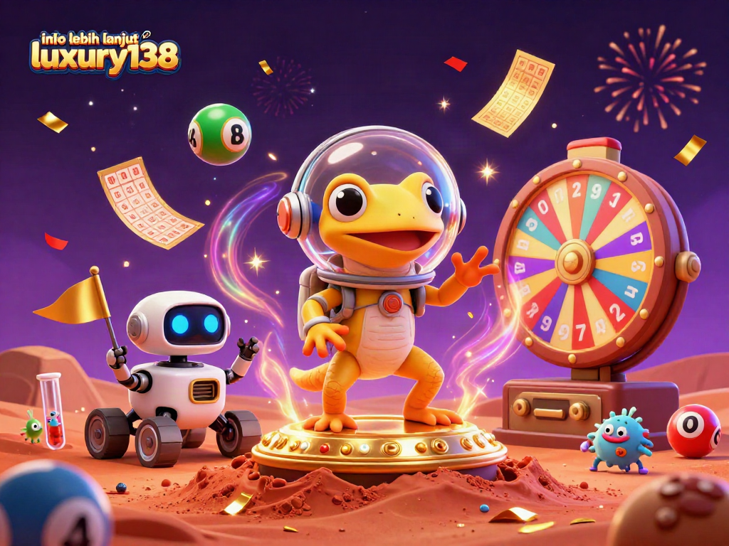 Melihat info lebih lanjut luxury138 sambil merayakan dengan bola lotere berwarna dan mesin lotere di latar belakang magis.
