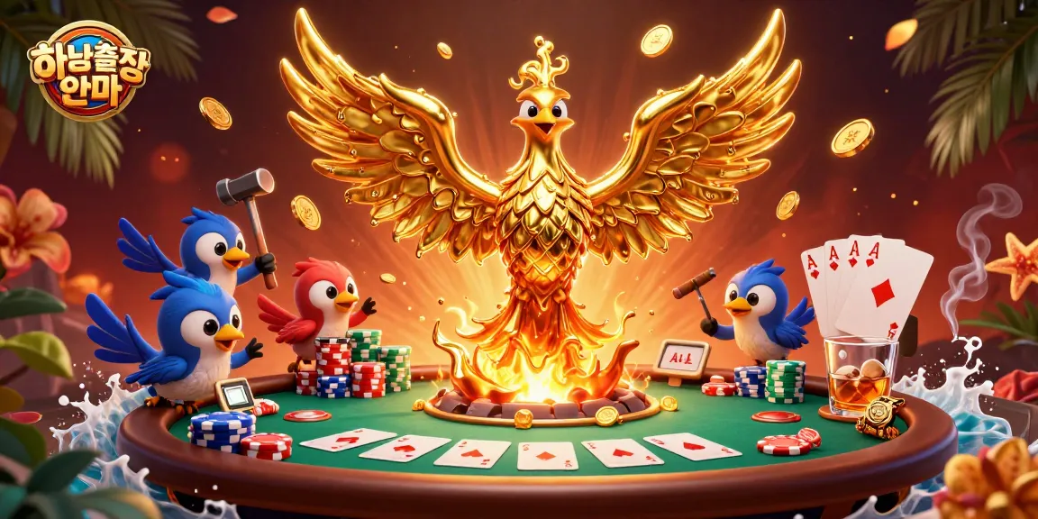 Play 하남출장안마 with a dynamic scene of a golden phoenix and poker elements in a vibrant setting.