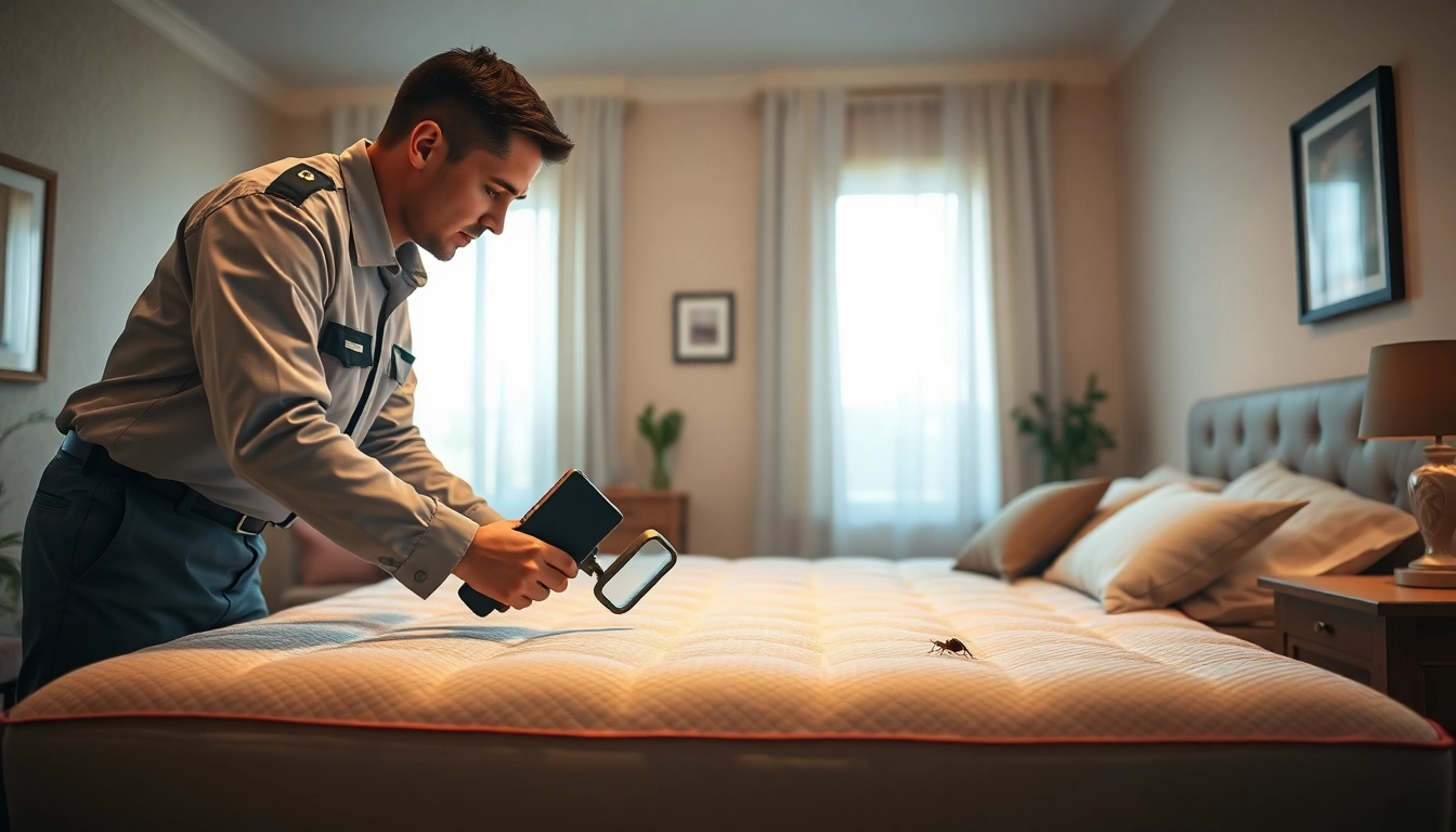 Waukesha bed bug exterminators performing a thorough inspection in a bright bedroom.