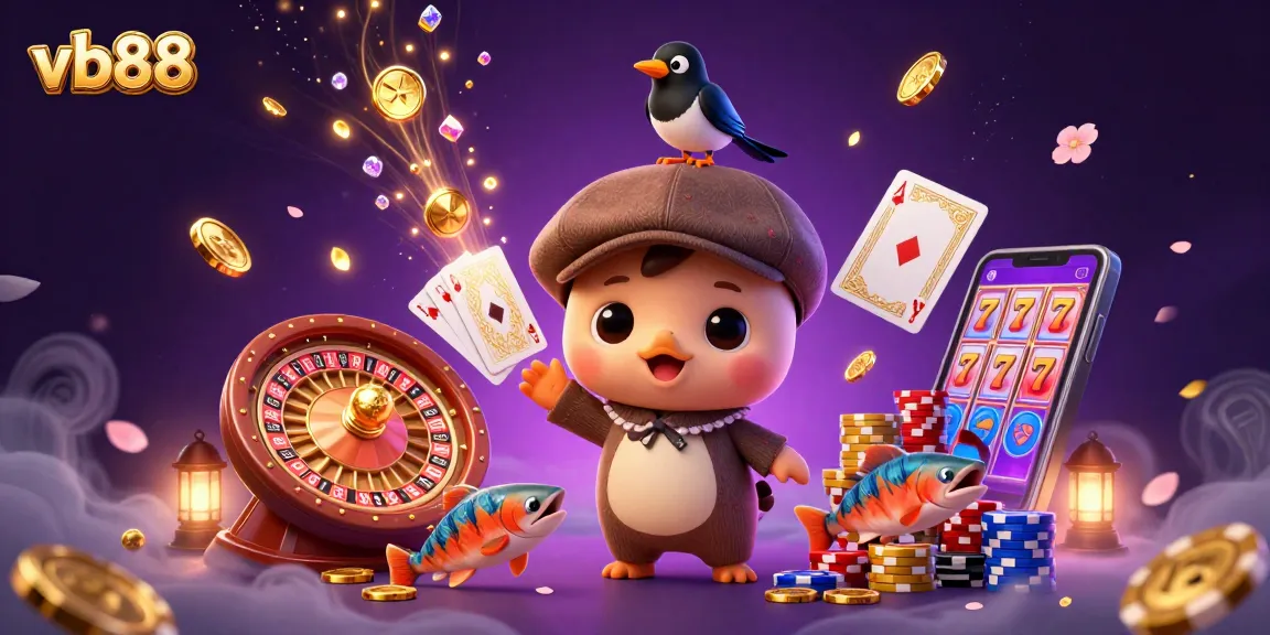 Win big with vb88 featuring a cute Nessie, playful magpie, and vibrant casino elements.