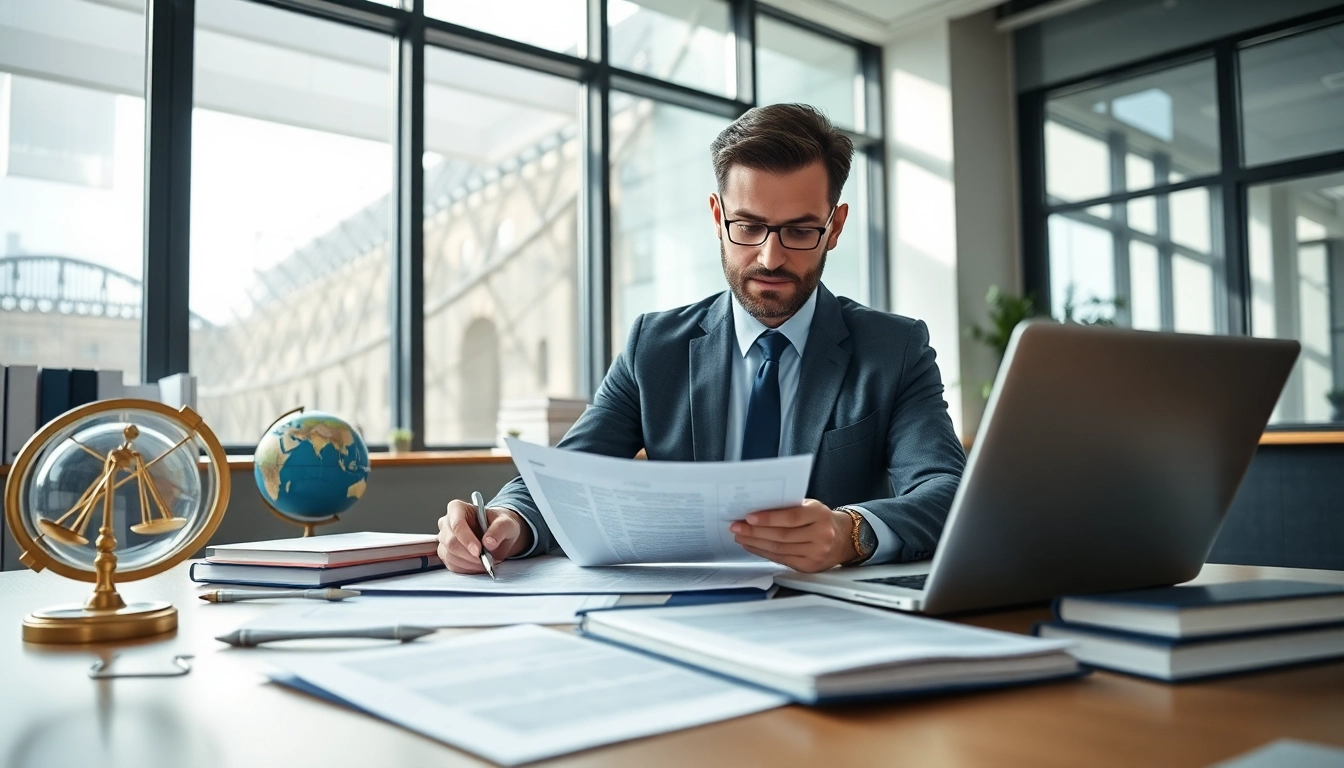 Professional certified translator analyzing legal documents for sworn translations.