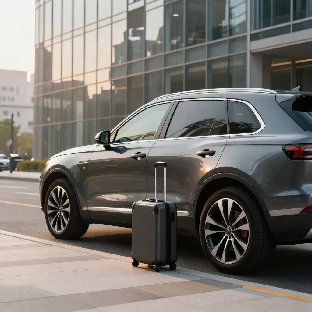 Dark executive SUV at glass office curb with a compact travel case and bright reflections.