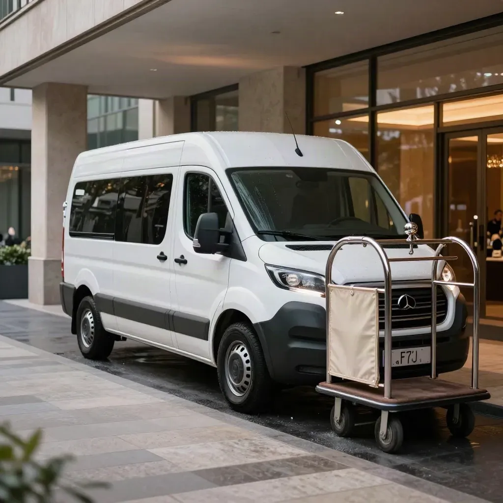 White hotel shuttle van beside luggage carts under a porte-cochère at dusk