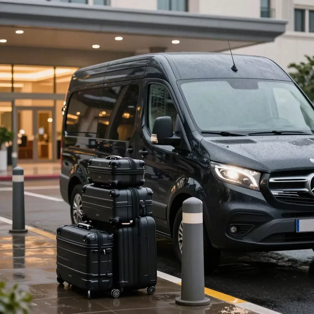 Black shuttle van with luggage at a rainy curb, hotel entrance glowing behind