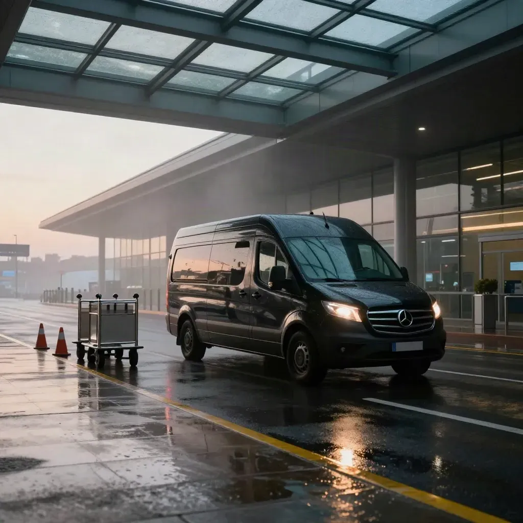 Black airport shuttle van at a wet terminal curb with luggage carts in blue hour mist.
