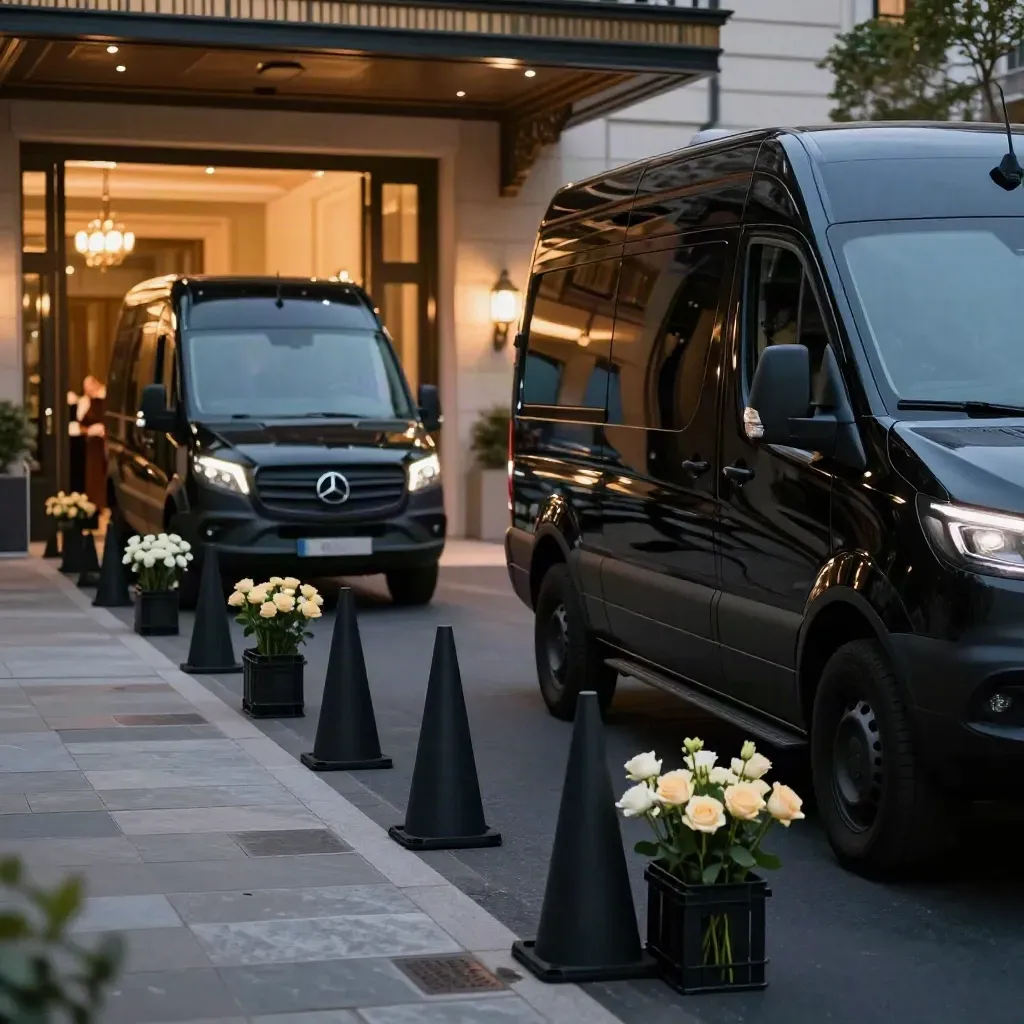 Two black sprinter vans and amber lanterns outside a venue at dusk for event transport.