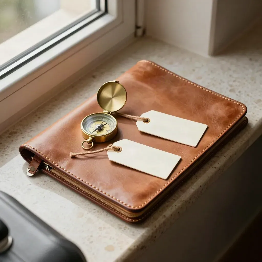 Closed leather trip folio with compass and luggage tags on travertine in soft window light