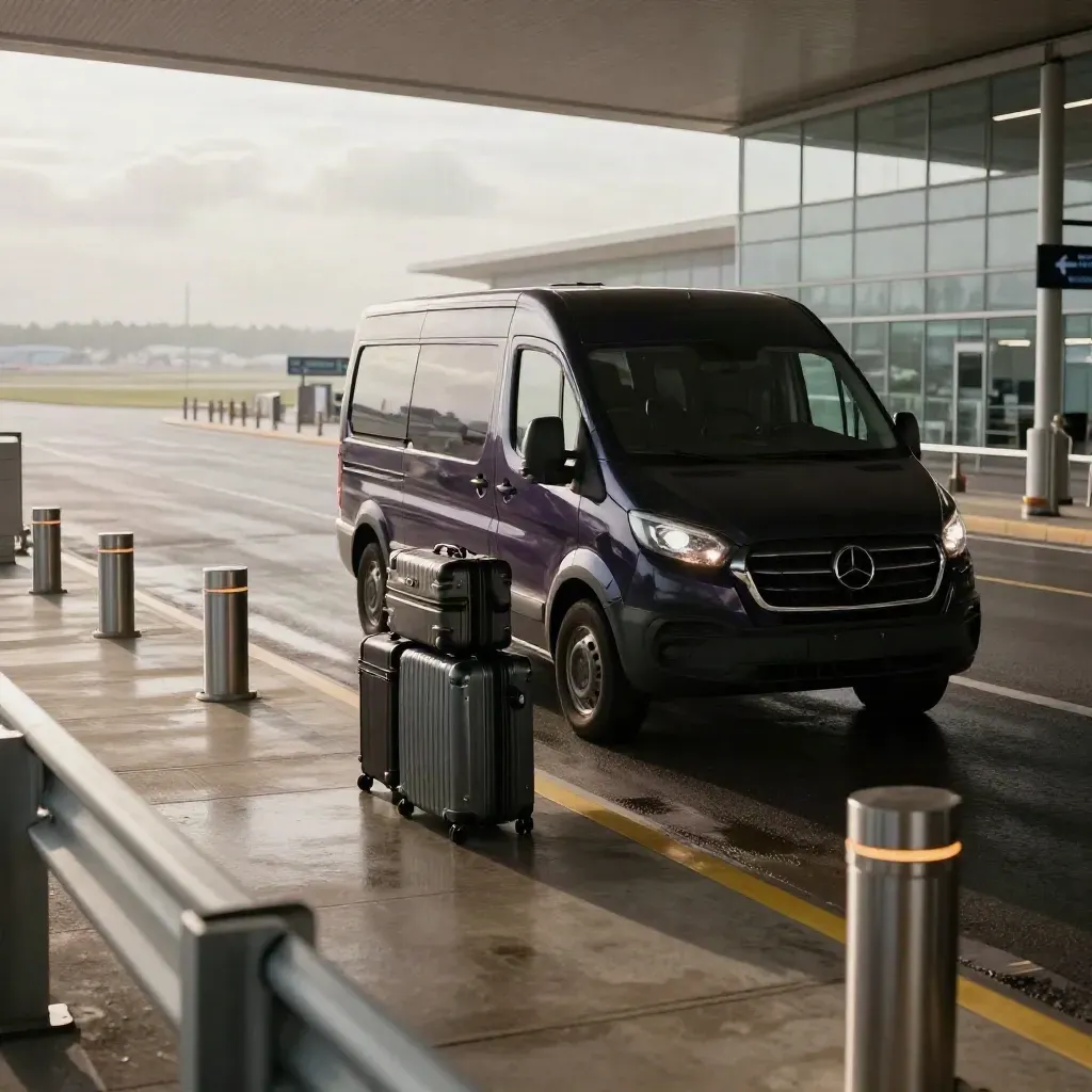 Empty airport curb with a black van and two suitcases under clearing skies after rain.