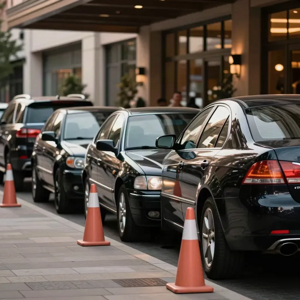 Dark sedan and two SUVs at a restaurant drop-off with coral cones and glowing windows.
