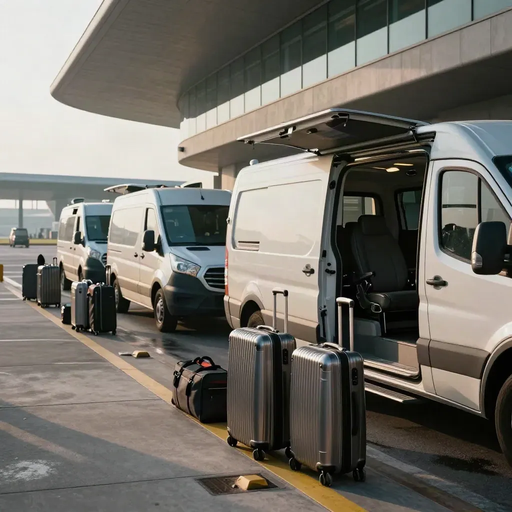 Airport curb with two shuttles, open luggage bays, and stacked suitcases in blue morning haze.