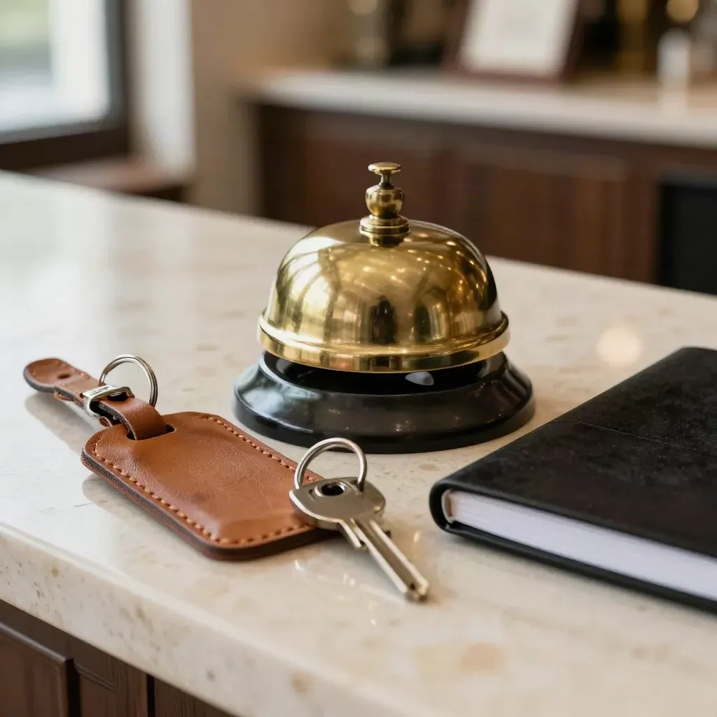 Brass hotel bell with luggage tag, key ring, and notepad on a cream concierge counter
