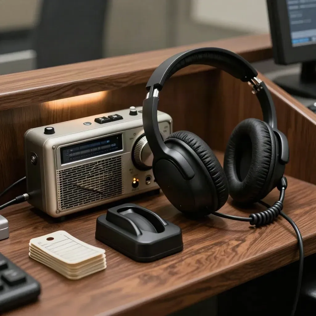 Headset, desk radio, charging dock, and blank route tokens on a dispatch console.