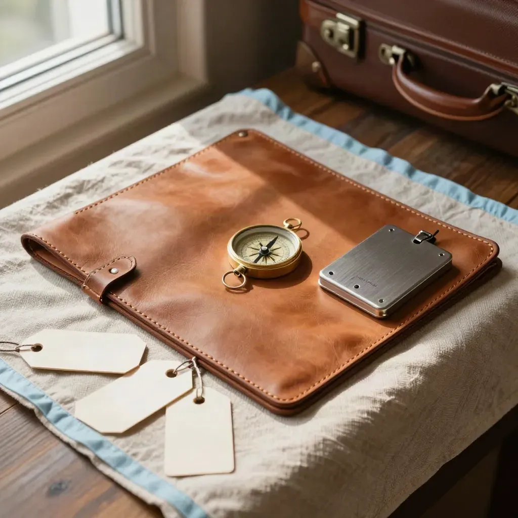 Travel folio, compass, luggage scale and blank tags on linen by a hotel window.